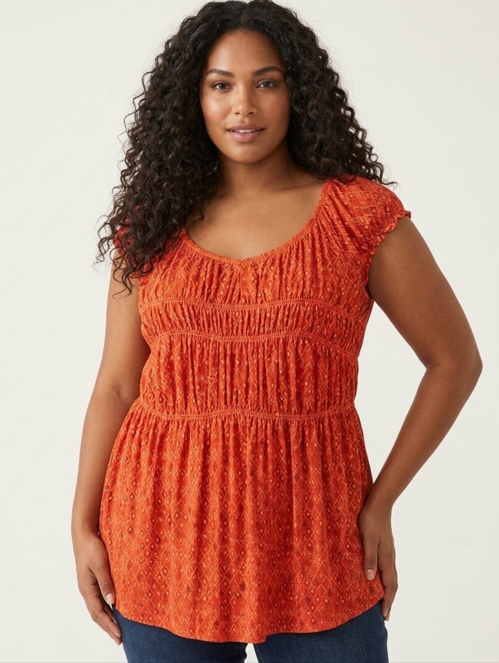 Penningtons Rust Orange Smocked Peasant Top, geometric Boho Peplum Top. Size 1X